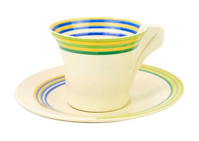 Lot 372 - A Clarice Cliff Banded pattern daffodil shape cup and saucer.