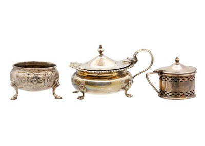 Lot 72 - Three silver cruets and a silver lid.