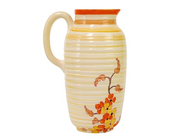 Lot 341 - A Clarice Cliff Orange Hydrangea pattern 563 Greek shape jug.