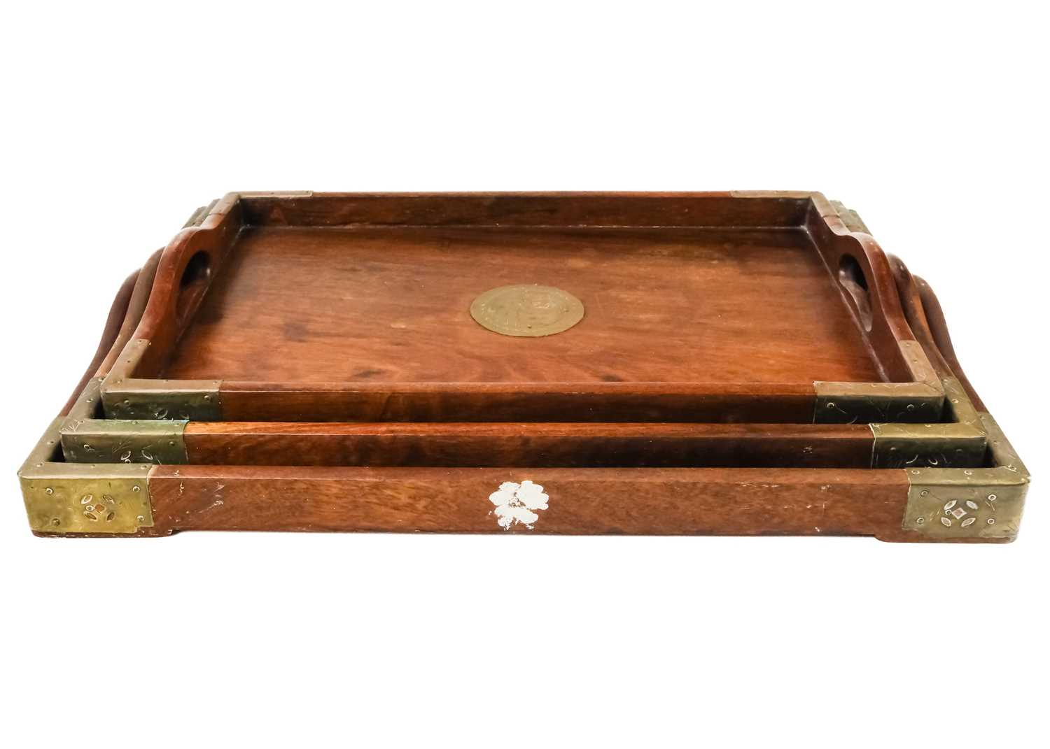Lot 90 - A set of three graduated Chinese hardwood and brass trays.