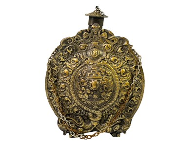 Lot 256 - A cast brass Russian powder flask and cover.