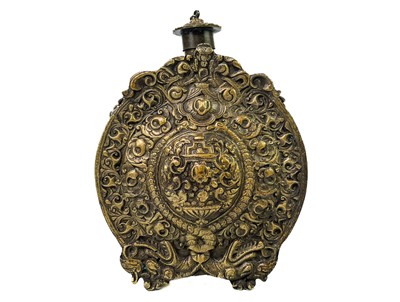 Lot 256 - A cast brass Russian powder flask and cover.