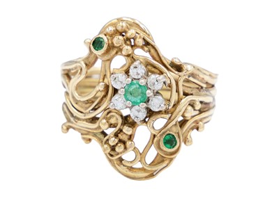 Lot 123 - A 9ct modern Art Nouveau style diamond and emerald set dress ring.