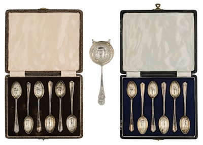 Lot 76 - Two George VI silver cased sets of six teaspoons by Walker & Hall.