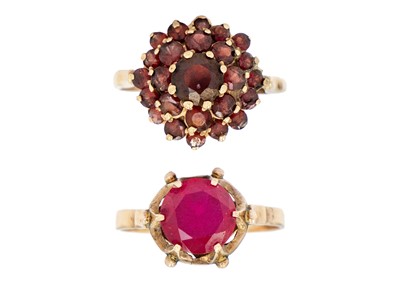 Lot 179 - A 14ct synthetic ruby dress ring and a 9ct garnet cluster ring.