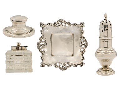 Lot 165 - A silver caster, a silver and cut glass inkstand and a capstan inkwell.