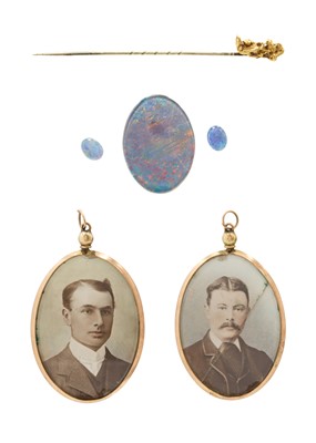 Lot 167 - A gold nugget stick pin, a rose gold mounted photograph pendant and three triplet opals.