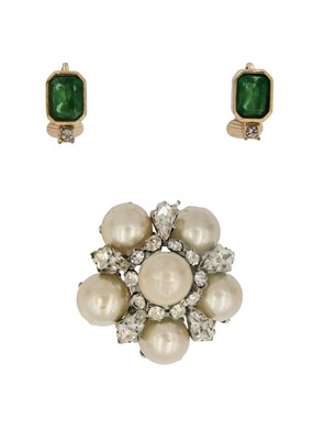 Lot 357 - CHRISTIAN DIOR - A pair of clip earrings and a faux pearl brooch.