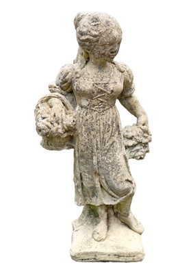 Lot 1574 - A reconstituted stone figure of a girl with baskets of flowers.