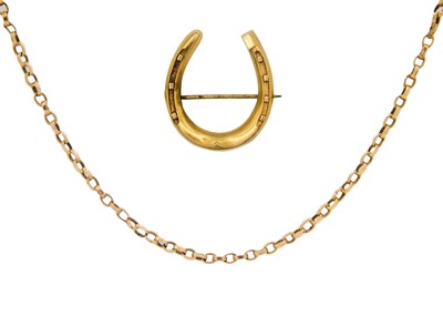 Lot 208 - A 15ct belcher link chain and a 15ct horse shoe brooch.