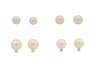 Lot 219 - Two pairs of 14ct diamond and cultured pearl stud earrings.