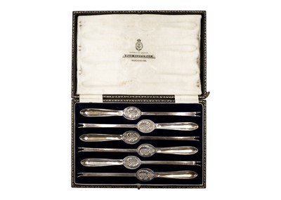 Lot 35 - A George V silver, cased set of six lobster picks by William Hutton & Sons Ltd.