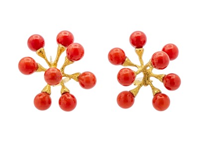 Lot 242 - JOHN IVERSEN - A pair of 'Jacks' 18ct and oxblood coral earrings.