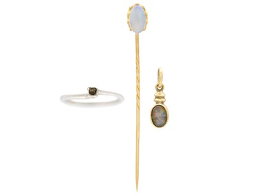 Lot 20 - A 14ct white gold ring, a 9ct opal pendant and an opal set tie pin.