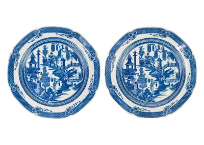 Lot 1120 - A rare pair of Dublin blue and white pearlware plates by Donovan.