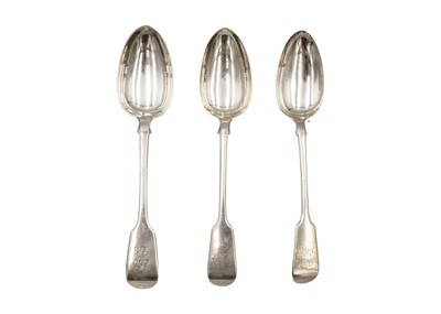 Lot 126 - A pair of Victorian Exeter silver fiddle pattern table spoons by John Stone.