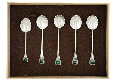 Lot 141 - A collection of five Arts & Crafts style silver coffee spoons with chrysoprase finials by Gwen Whicker.