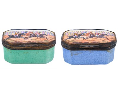 Lot 233 - Two Georgian Staffordshire enamel snuff boxes with horse racing decoration.