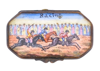 Lot 233 - Two Georgian Staffordshire enamel snuff boxes with horse racing decoration.
