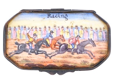 Lot 233 - Two Georgian Staffordshire enamel snuff boxes with horse racing decoration.