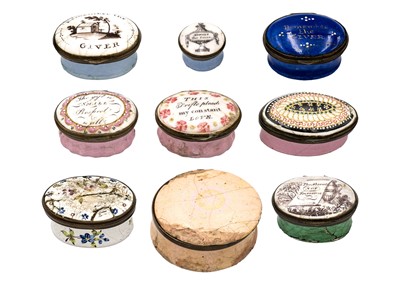 Lot 230 - A selection of nine Georgian Staffordshire enamel boxes.