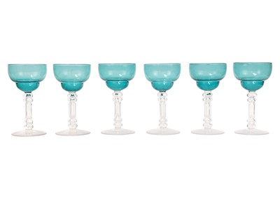 Lot 1465 - A Set of six Victorian green bowled wine glasses.