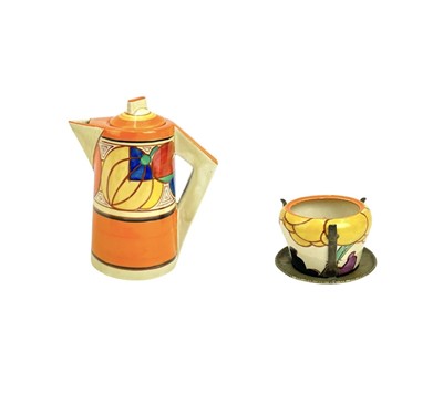 Lot 552 - A Clarice Cliff Fantasque Melon pattern coffee pot and cover.