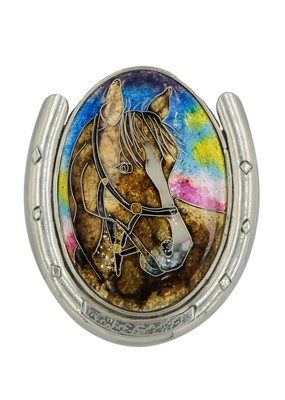 Lot 290 - A .999 fine silver & enamel 'Miniature Tregenna Horse' horseshoe framed picture by Samantha Suddaby.