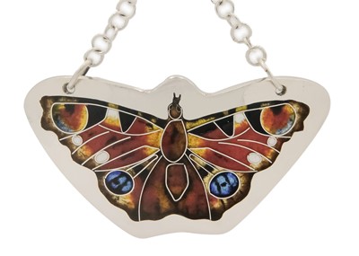 Lot 315 - A .999 fine silver and enamel 'Peacock Butterfly' pendant necklace by Samantha Suddaby.