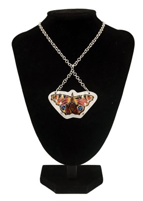 Lot 315 - A .999 fine silver and enamel 'Peacock Butterfly' pendant necklace by Samantha Suddaby.