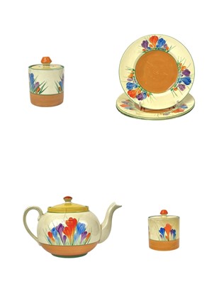 Lot 745 - A Clarice Cliff Crocus pattern globe teapot and cover.