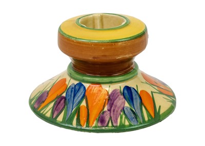 Lot 140 - A Clarice Cliff Crocus pattern shape 331 candlestick.