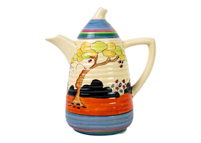 Lot 156 - A Clarice Cliff Tulips pattern Lynton shape coffee pot and cover.