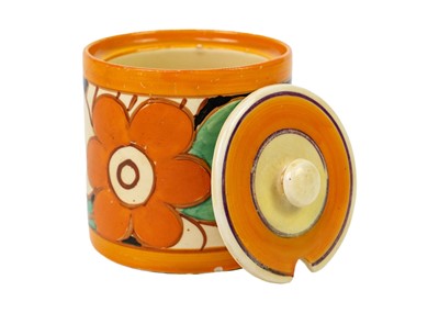 Lot 141 - A Clarice Cliff Floreat pattern preserve pot and cover.