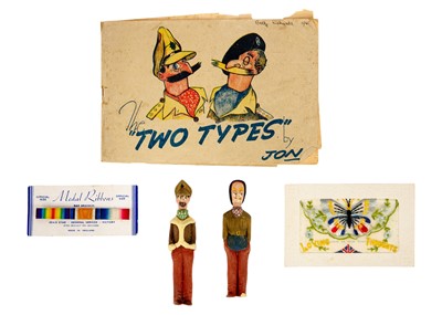 Lot 218 - "The Two Types" by Jon - WW2 booklet plus two carved figures etc