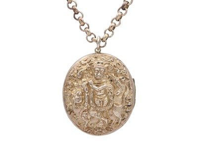 Lot 30 - An Indian repousse silver locket pendant on belcher link chain.