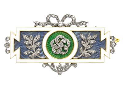 Lot 8 - CARTIER - An exquisite Belle Epoque gold, diamond and guilloche enamel panel brooch.