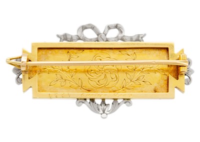 Lot 8 - CARTIER - An exquisite Belle Epoque gold, diamond and guilloche enamel panel brooch.