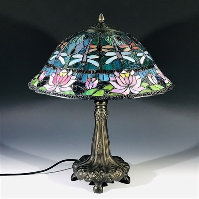 Lot 160 - A large Tiffany design twin bulb table lamp,...