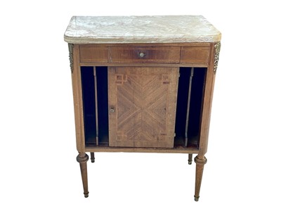 Lot 931 - A French kingwood, inlaid, and brass mounted marble topped folio stand or side cabinet.