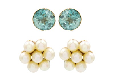 Lot 55 - A pair of blue topaz stud earrings and a pair of pearl cluster stud earrings.