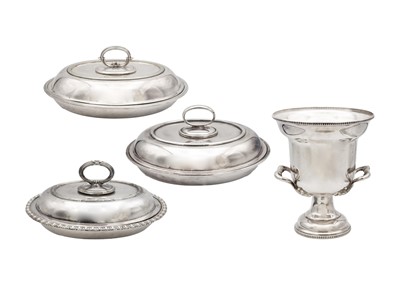 Lot 303 - Three Victorian-style silver-plated tureens and a wine cooler.