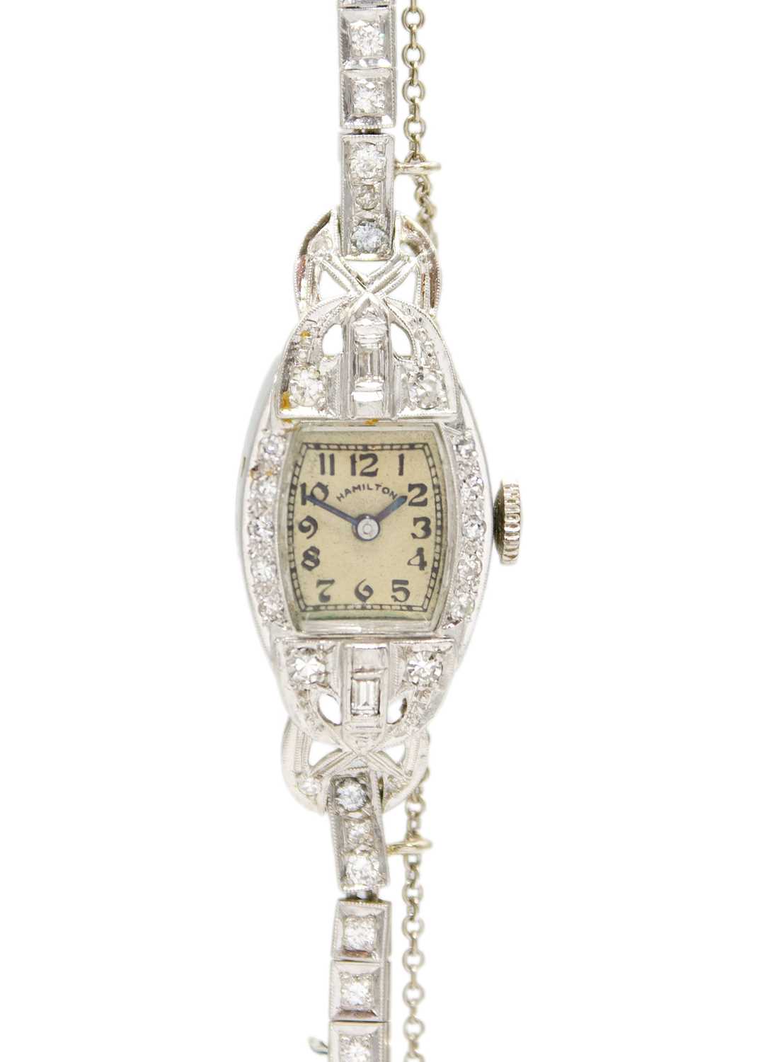 Lot 138 - An Art Deco platinum diamond set cocktail bracelet watch by Hamilton.