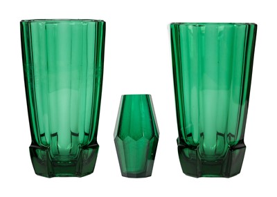 Lot 1544 - A large pair of Art Deco green glass faceted vases by Rudolf Schrotter for Sklo Union