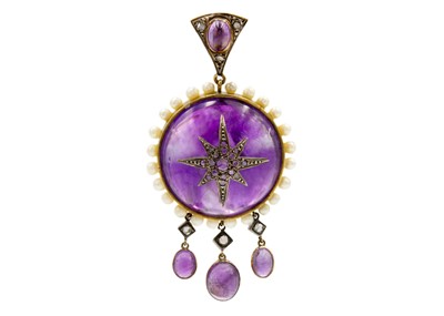 Lot 28 - A good large Victorian cabochon amethyst diamond and pearl set pendant.