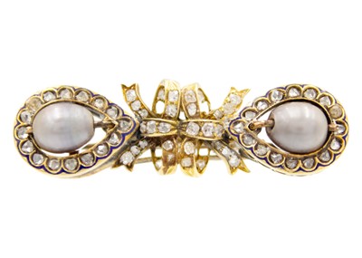 Lot 29 - A Victorian gold ribbon bow brooch set with rose and old cut diamonds and two grey pearls.