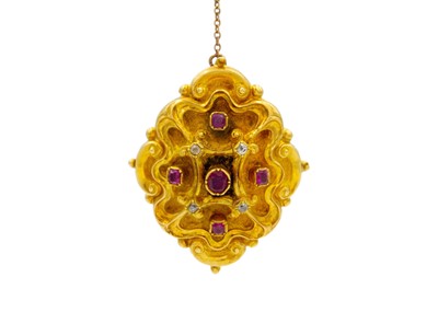 Lot 39 - An early Victorian bloomed gold diamond and ruby set clasp, converted to a pendant.