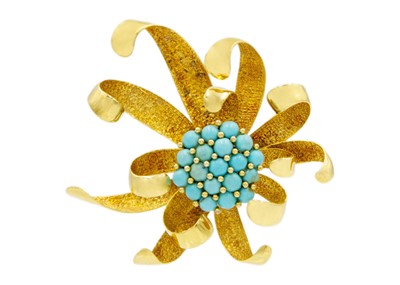 Lot 62 - A mid-century 14ct gold turquoise set floral design brooch.