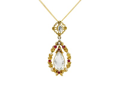 Lot 65 - A silver gilt garland pendant set with aquamarine, garnets and pearls, on a 9ct necklace.