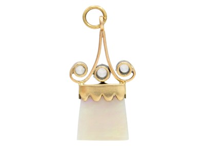 Lot 76 - A gold-mounted white opal, white sapphire and ruby cabochon set pendant.